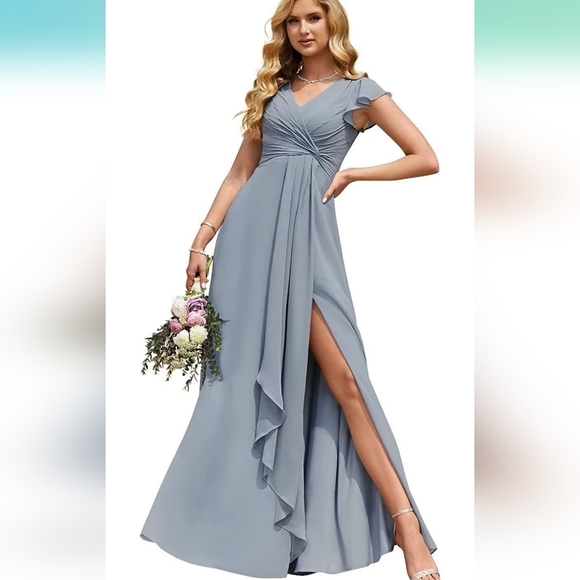 Amazon Dresses & Skirts - NIB Dusty Blue Flutter Bridesmaid Dress Size 6